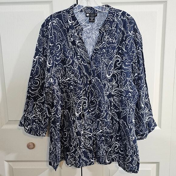 Carole Little 100% Linen Boho V-Neck Tunic Navy White Paisley Size 2X - Picture 8 of 8